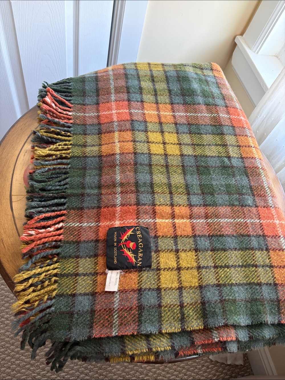 Green, Orange & Yellow Plaid Wool Throw Blanket